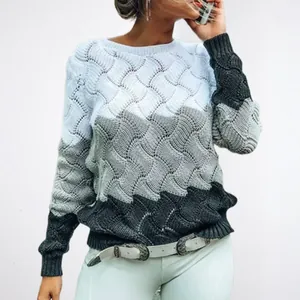 Elegant women's crew neck long sleeve wave pattern ombre gradient knit sweater