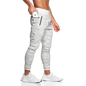 Men's white camo fitness joggers with zipper pockets for running and gym workouts