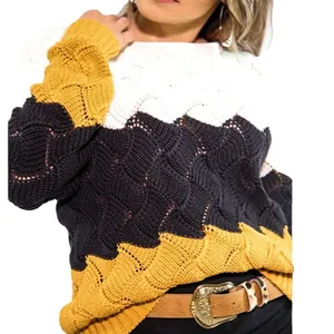 Stylish women's wavy knit colorblock rainbow sweater featuring crewneck and long sleeves
