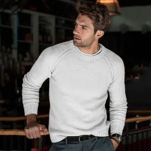 Detailed view of a men's light grey long-sleeve crew neck knitted sweater with raglan sleeves