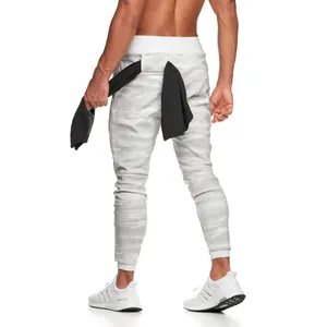 Rear view of men's white camouflage joggers with functional waistband towel loop