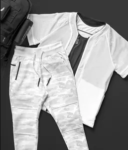 Detailed layout of men's camouflage joggers and white mesh athletic zip-up top