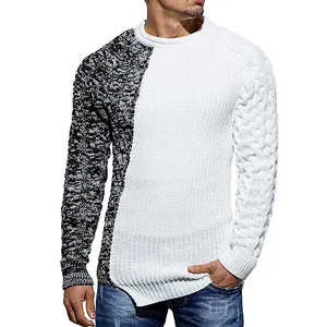 Macro detail shot showing the black and white colorblock knit sweater texture and pattern