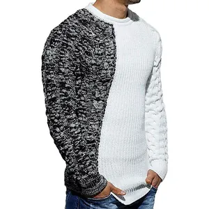 Slim fit men's color-block knit sweater with round neck and thick cable knit texture