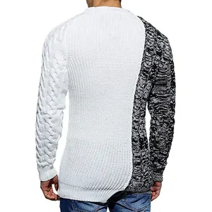 Detail view of men's slim-fit color-block knit sweater with cable knit texture details