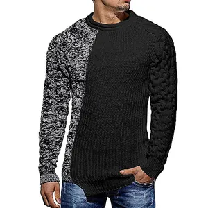 Men's slim-fit patchwork knit sweater featuring a stylish textured crew neck design for winter
