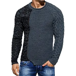 Detailed view of men's slim fit color-blocked knitted sweater with cable pattern