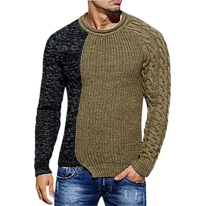 Close-up of slim-fit color-block knitted sweater with cable knit sleeve detail