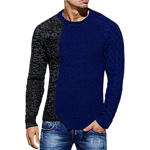 Close-up detail of a crew neck color-block knit sweater featuring blue and grey textures