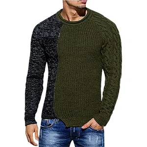 Slim fit color-block knit sweater with round neck for men in olive green and grey