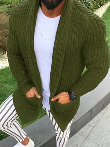 Men's long-sleeve knitted cardigan sweater in olive green with pockets