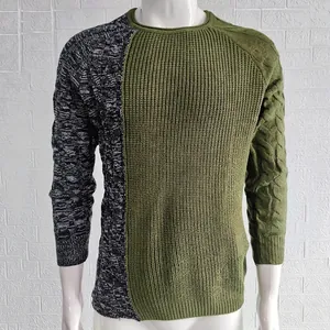 Detailed view of knitted texture on men's slim-fit color-block crewneck sweater