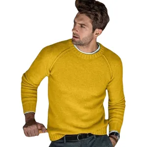 Men's casual mustard yellow crew neck long sleeve knitted sweater for autumn