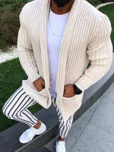 Men's chunky knit cardigan slim fit beige sweater jacket outfit for autumn and winter