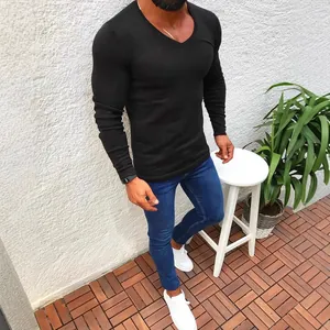 Men's fashion slim-fit black long sleeve V-neck knitted sweater lifestyle perspective