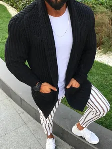 Men's chunky black ribbed knit cardigan sweater, slim fit long sleeve muscular style jacket