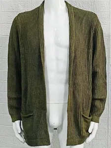 Stylish army green men's long sleeve rib-knit cardigan sweater featuring front pockets