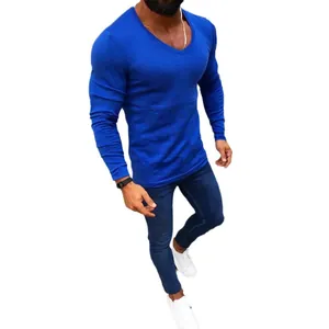 Stylish men's slim fit long-sleeved pullover knit sweater in a vibrant blue color