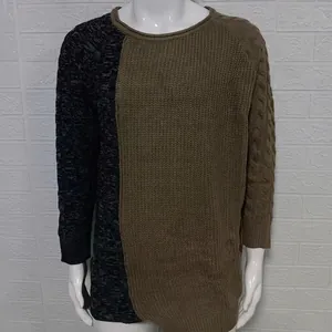 Close-up of men's color-blocked knit sweater with textured crew neck and slim fit.
