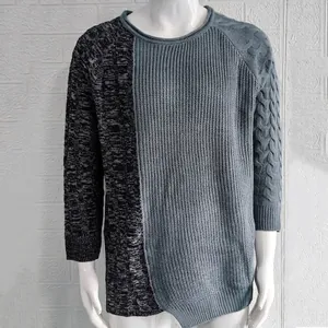 Detailed view of men's slim fit two-tone crewneck knit sweater in grey
