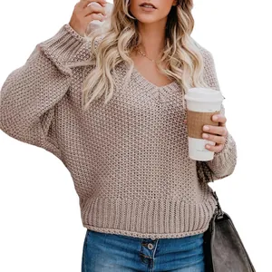 Casual loose-knit V-neck long-sleeve sweater in taupe for autumn and winter outdoor wear