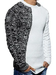 Men's slim-fit color-block knitted sweater with round neck and long sleeves for winter