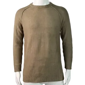 Elegant men's khaki crewneck knit sweater with solid color design and long sleeves