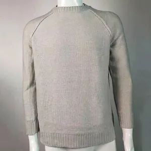 Classic grey crew neck men's knit sweater featuring raglan sleeves and a ribbed hem