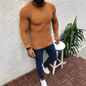 Maglione da uomo slim fit a maniche lunghe in ocra con motivo a maglia diagonale