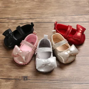 Glitter baby princess shoes with big bows and non-slip soft soles in multiple colors