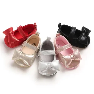 Metallic finish soft sole baby princess shoes with bows for girls aged 0-12 months