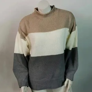 Elegante suéter de cuello alto para mujer con rayas de bloques de color y ajuste holgado
