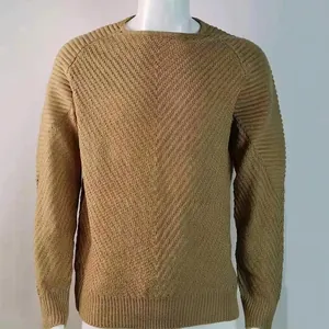 Detailed view of men's slim-fit crewneck sweater with textured chevron knit pattern