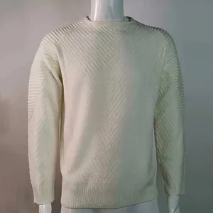 Close-up detail of cream slim fit knitted sweater featuring unique diagonal ribbed texture