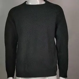 Close-up detail of men's slim fit black knit sweater featuring crewneck and textured sleeves