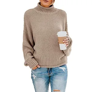 Elegante jersey de cuello alto de punto gofrado en color caqui para mujer en invierno