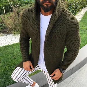 Gilet à Capuche Homme en Maille Ouvert Devant Manches Longues Couleur Unie Texture Nid d'Abeille Acrylique Top