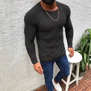 Stylish men's slim fit long sleeve crew neck knit sweater in charcoal grey textured fabric