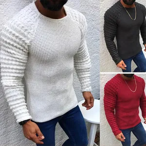 Herren Slim Fit Pullover Rundhals Waffel Zopfmuster Acryl Winter Einfarbig Langarm Lässig Strickwaren Top