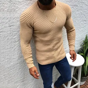 Slim fit beige crew neck knitted sweater for men featuring stylish textured patterns