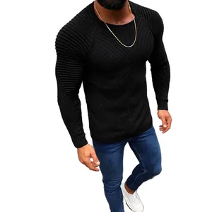 Men's slim fit long sleeve black crew neck knitted sweater with textured patterns