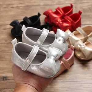 Silver baby girl princess shoes with soft soles and bow detail shown with other colors