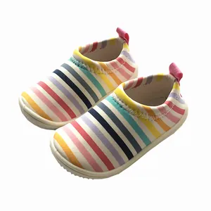 Colorful rainbow striped canvas slip-on walking shoes for toddlers with elastic fit