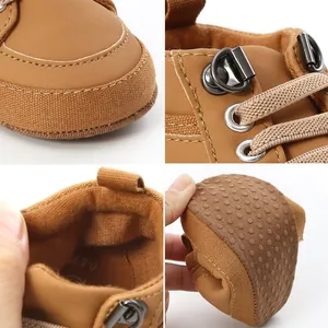 Détails de chaussures bébé montantes marron avec semelle souple antidérapante et coutures