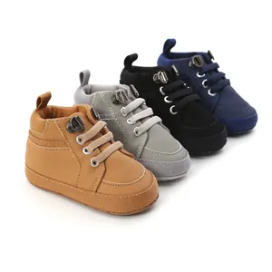 Rétro Chaussures Premiers Pas Bébé Garçon Cuir PU Semelle Souple Tige Haute Nourrisson Couleur Unie Baskets Casual M1908