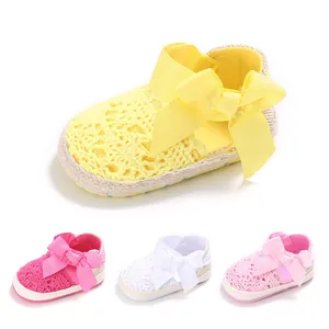 Sandales de Princesse pour Bébé Fille Nœud Dentelle Ajouré Chaussures de Marche Semelle Souple Coton Chaussures de Berceau Été