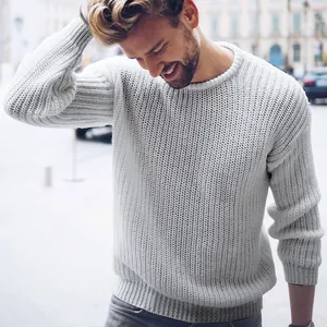 Elegant men's white chunky knit pullover sweater for autumn and winter fashion style