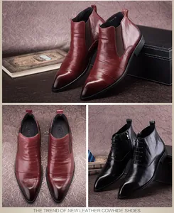 Professional close-up showing men's pointed toe leather boots in black and burgundy.
