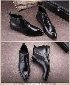 Detailed view showing the premium texture of black pointed-toe leather boots for men