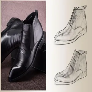 Premium men's black leather pointed-toe Chelsea boots featuring artistic product design sketches